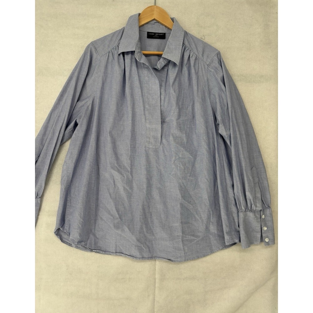 LANE BRYANT Blouse 18/20 Blue Chambray Pop Over Long Sleeve V Neck Collared